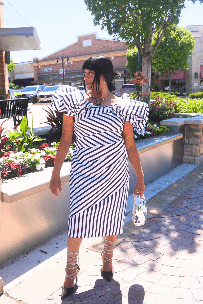 Dramatic Striped Midi Dress W/Puff Sleeves