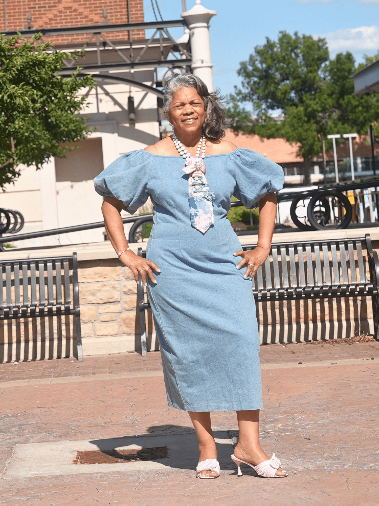 Off-Shoulder Puff Sleeve Denim Dress