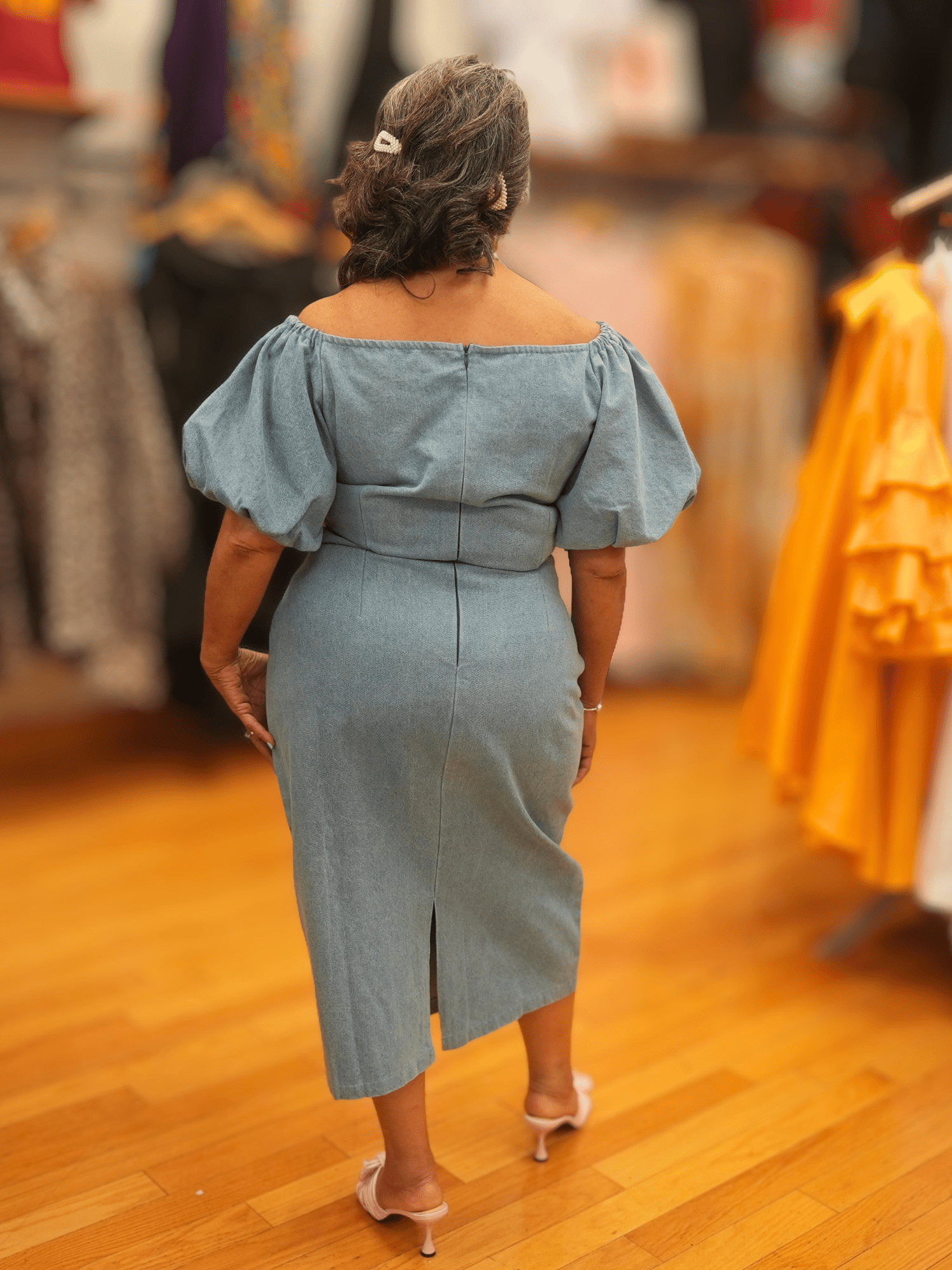 Off-Shoulder Puff Sleeve Denim Dress