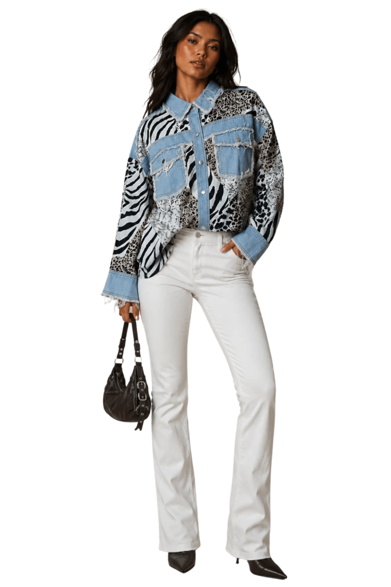 Mixed Animal Print Denim Detail Shirt