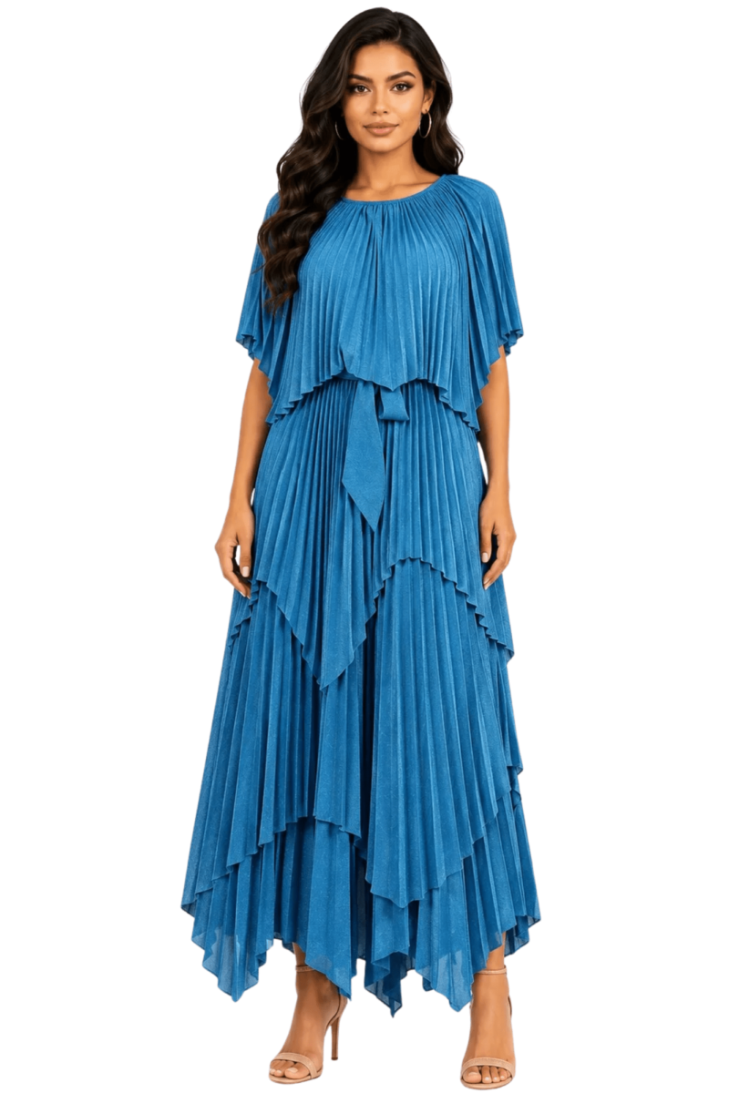 Layered Pleated Maxi Dress with Cape