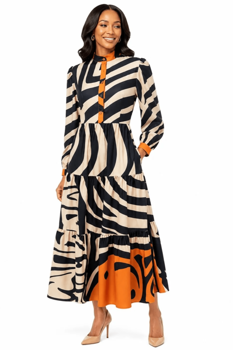 Wavy Graphic Print Tiered Maxi Dress